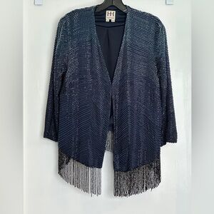 Haute Hippie Beaded Silk Jacket Womens Medium Blue Fringe MSRP $1,495